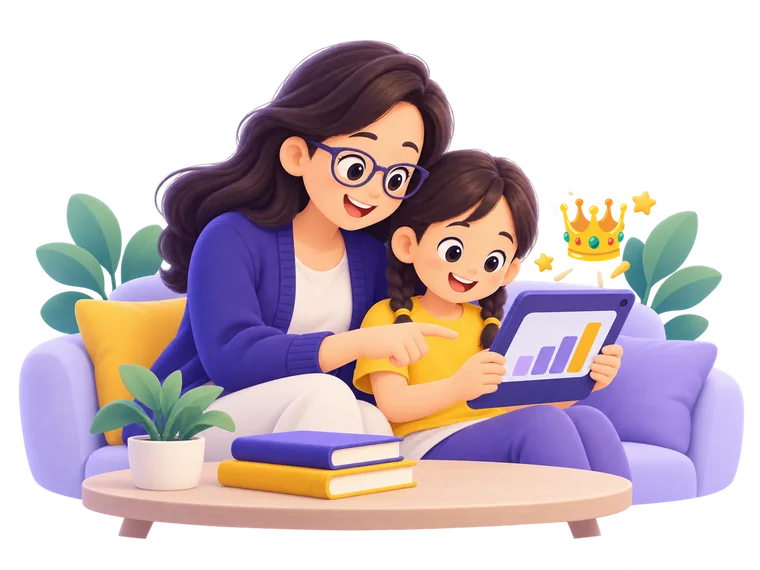 A parent and child looking at a progress report together