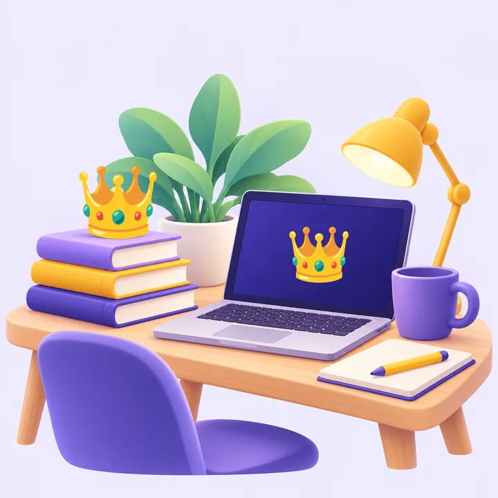 A studio desk with a laptop showing the KingMath crown